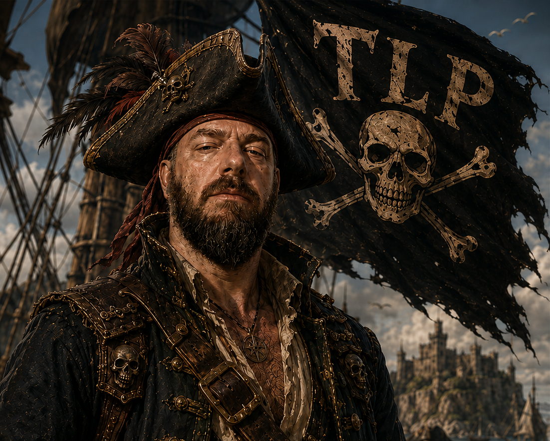 The Pirate Lord on deck beneath his colours — a torn black flag lettered TLP above a skull and crossbones — with a fortified harbour beyond